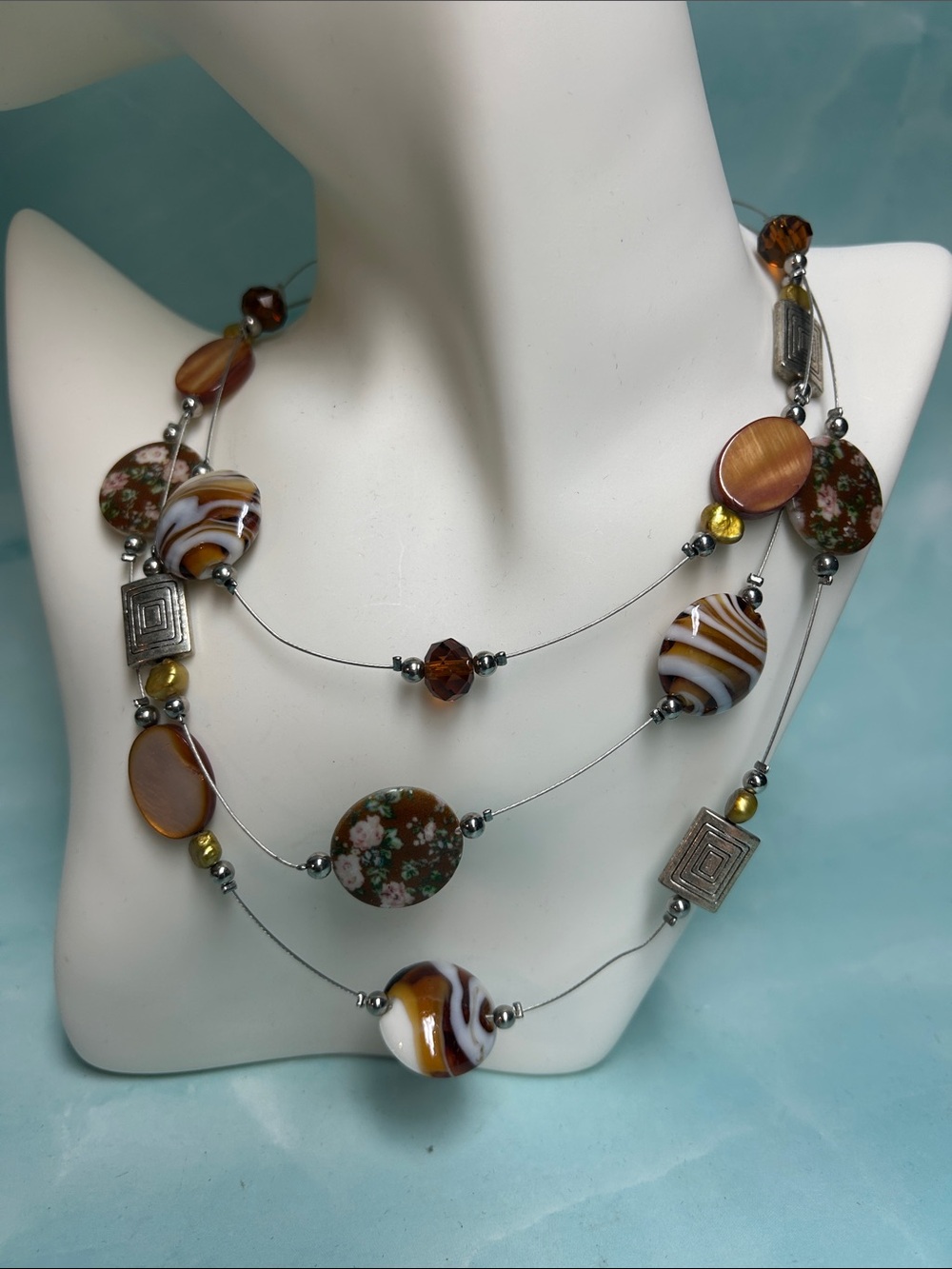Multi-Strand Brown & Gold Women’s Beaded Necklace 18 inches